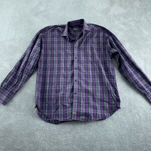 Mens Thomas Dean Purple Plaid Long Sleeve Button-Up Shirt L Cotton 2847